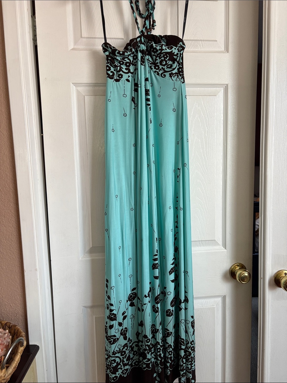 Olian Aqua Maxi Dress with chocolate Brown Floral Border